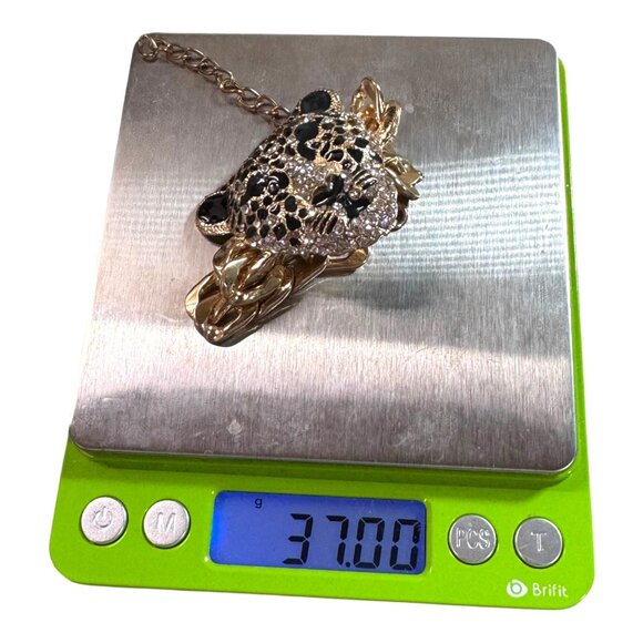 Gold-Tone Leopard Head Statement Bracelet Rhinestones & Black Enamel Detailing - Picture 7 of 10